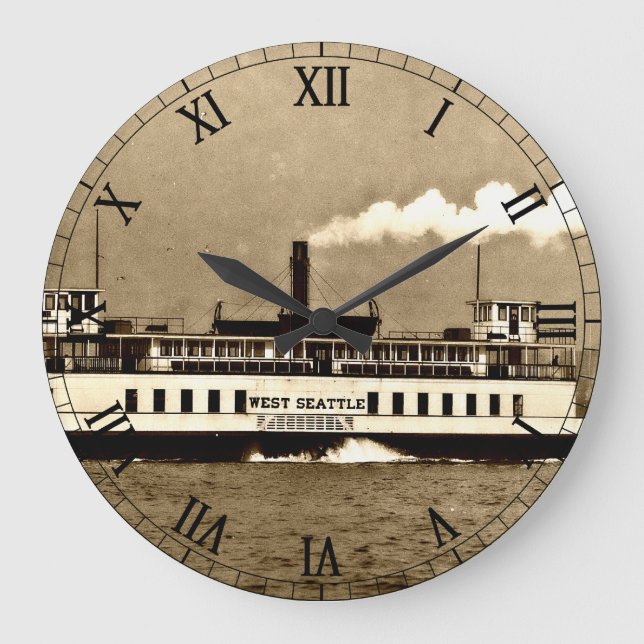 Sepia Steamboat Ferry Große Wanduhr (Vorderseite)