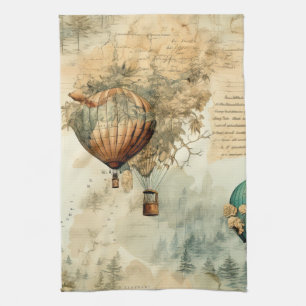 Sepia-Steampunk-Heißluftballon-Globus-Karte Geschirrtuch