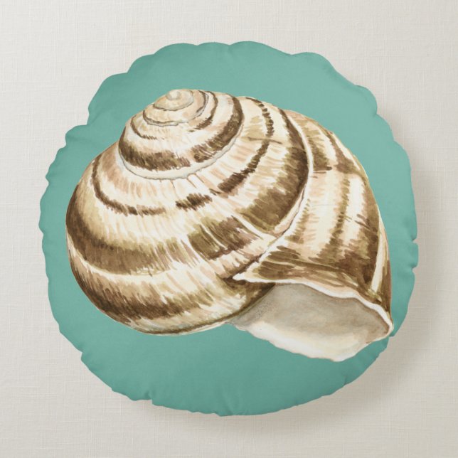 Sepia Stripte Muschel auf Aquamarin Rundes Kissen (Vorderseite)