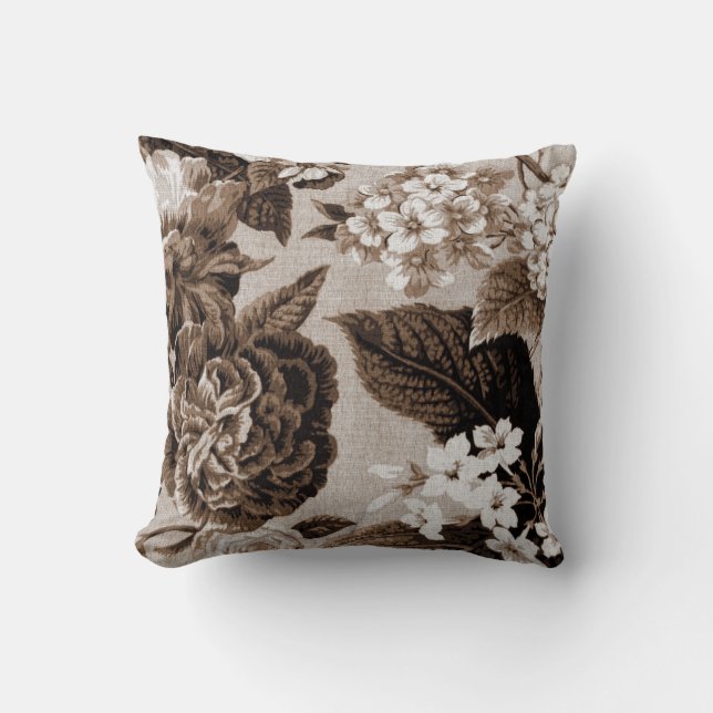 Sepia-Ton Brown botanisches BlumenToile No.1 Kissen (Vorderseite)