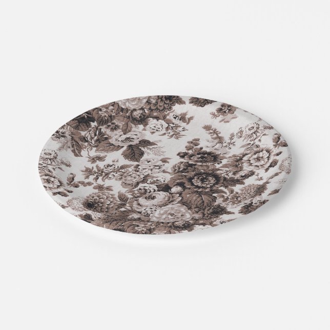 Sepia Tone Brown Floral Toile No.3 Pappteller (Schrägansicht)