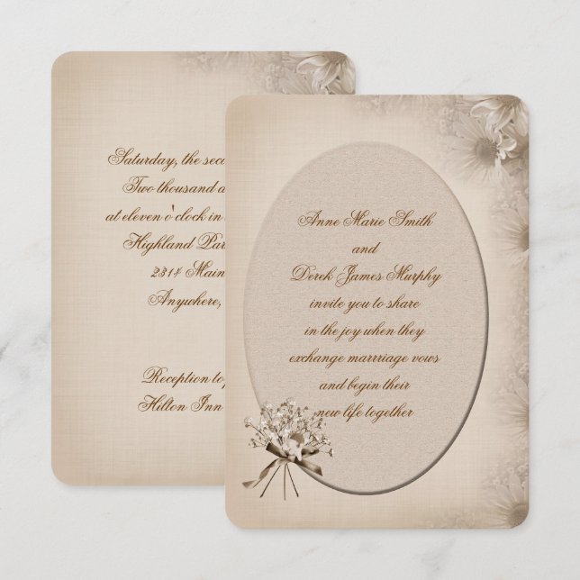 Sepia Wedding Daisy Border Invite Einladung (Vorne/Hinten)