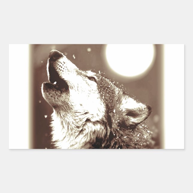Sepia Wolf & Moon Rechteckiger Aufkleber (Vorderseite)