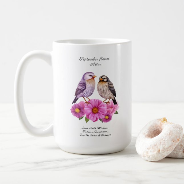 September-Aster-Blume mit Birds Birth-Geschenk Kaffeetasse (Mit Donut)