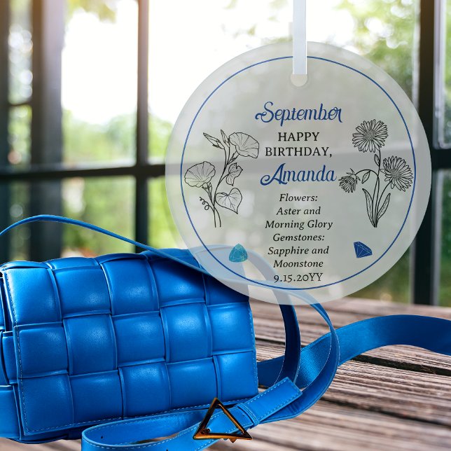 September Aster | Morning Glory Birthday Keepake Ornament Aus Glas (September Aster and Morning Glory Floral | Sapphire, Moonstone Gemstones Birthday Keepsake Ornament)