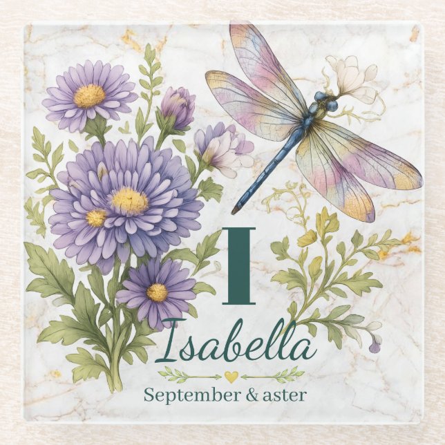 September-Geburtsblume Aster & Libelle Glasuntersetzer (Vorderseite)