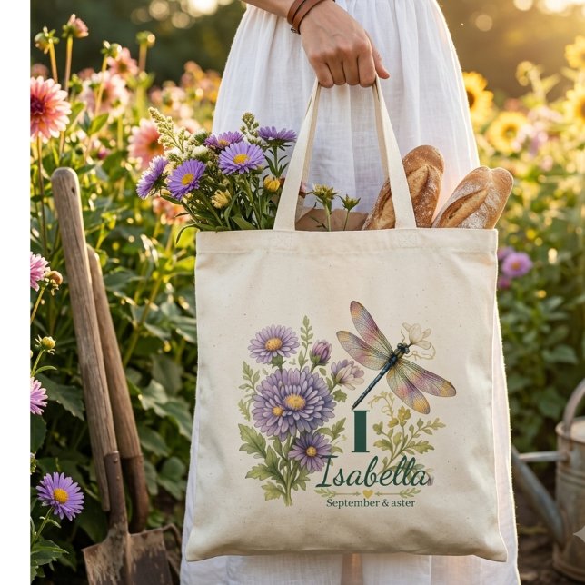 September-Geburtsblume Aster & Libelle Tragetasche (Von Creator hochgeladen)
