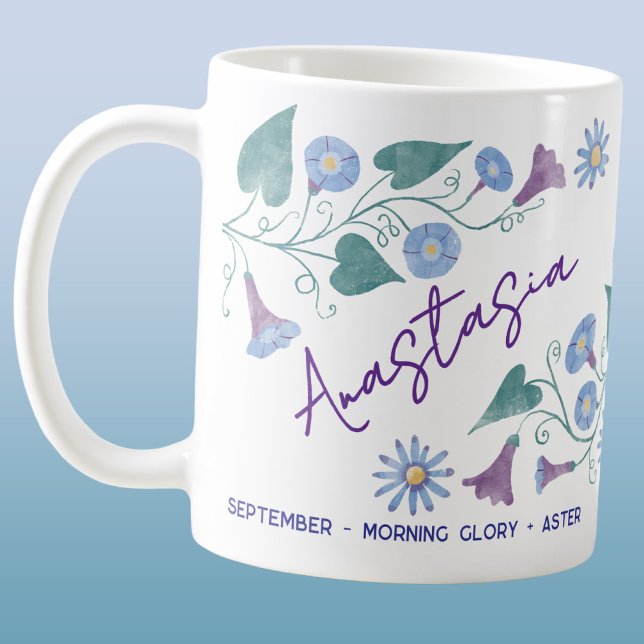 September-Geburtsblume Benutzerdefinierter Name Pr Kaffeetasse (September birth month flower personalized custom name morning glory aster coffee mug gift)