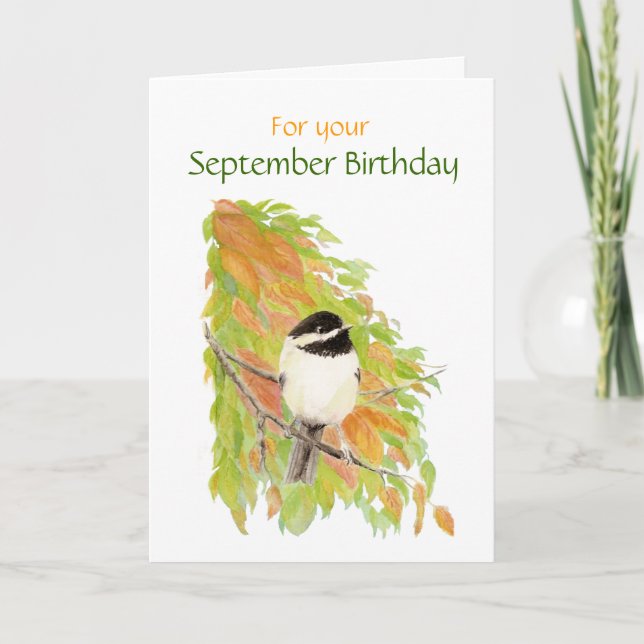 September Geburtstag Chickadee Bird Card Karte (Vorderseite)