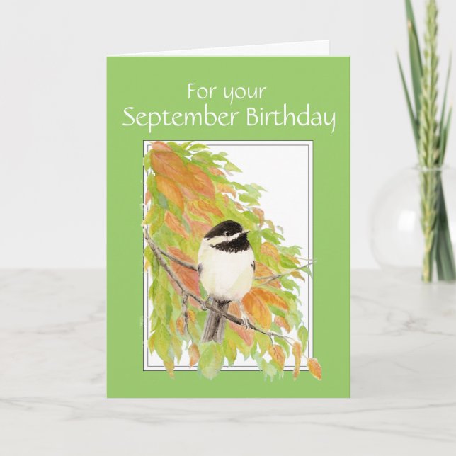 September Geburtstag Herbst, Chickadee Bird Card Karte (Vorderseite)
