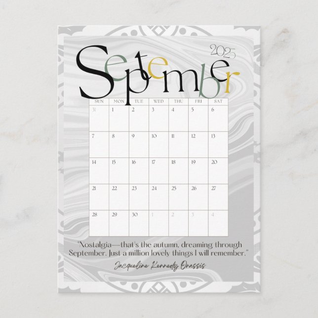 September Gray Modern Monthly Calendar 2025 Postkarte (Vorderseite)