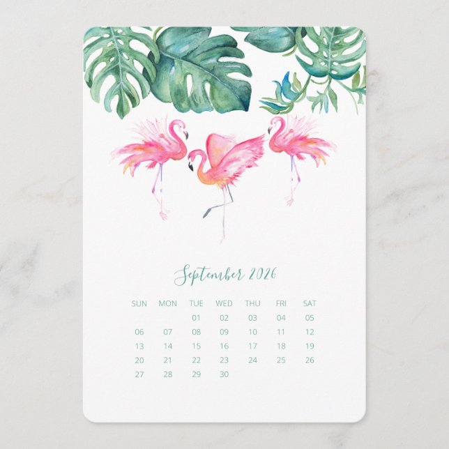 September Kalenderkarte, rosa Flamingo Menükarte (Vorderseite)
