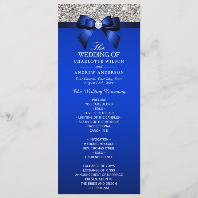Séquin Argent Royal Blue Bow Wedding Programme (Devant)