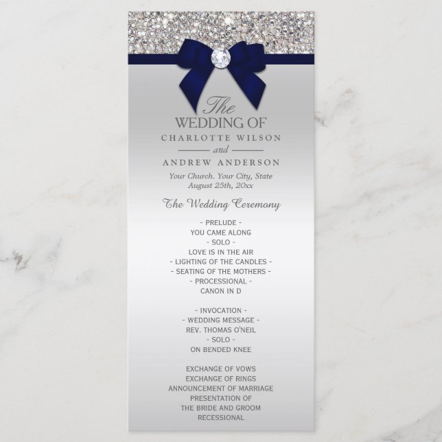 Séquin d'argent Marine Blue Bow Wedding Programme (Devant)