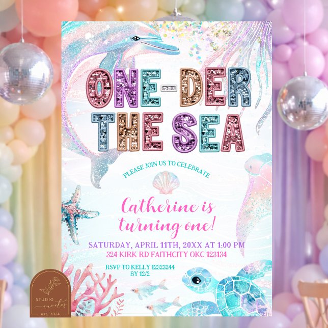 sequin glitter ONEder the sea birthday invitation (Créateur téléchargé)