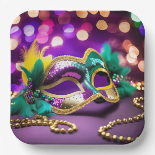 Sequin Mardi Gras Maske mit Goldperlen Pappteller