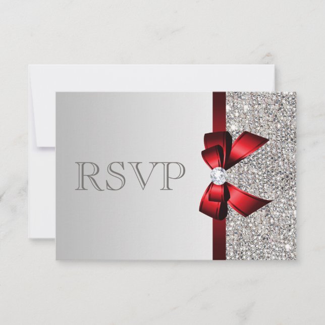 Séquines d'argent Diamond Red Bow Wedding RSVP (Devant)