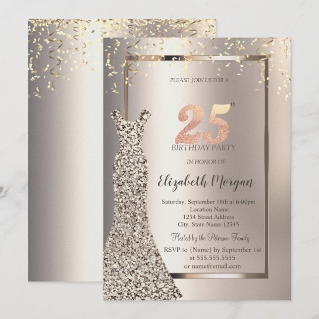Sequins Dress Confetti Ivory 25. Geburtstag Einladung (Vorne/Hinten)
