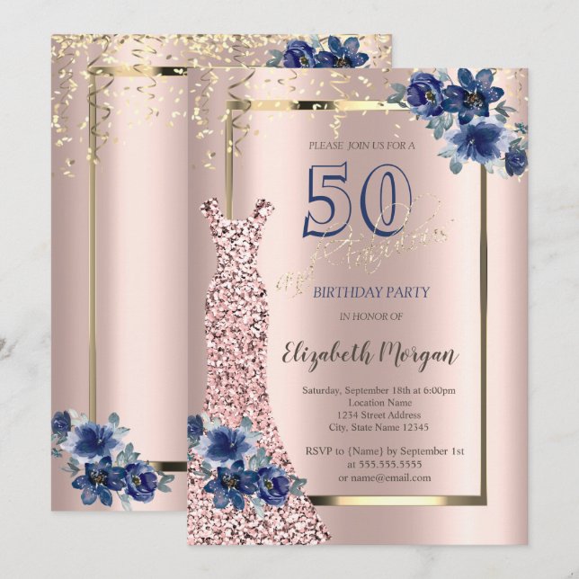 Sequins Dress Rose Gold, Blumen 50. Einladung (Vorne/Hinten)