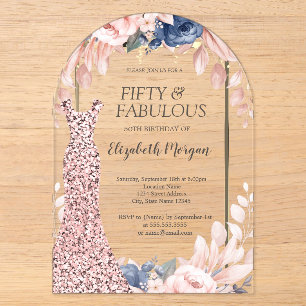 Sequins Dress Rose Gold Floral 50. Geburtstag Acryleinladungen