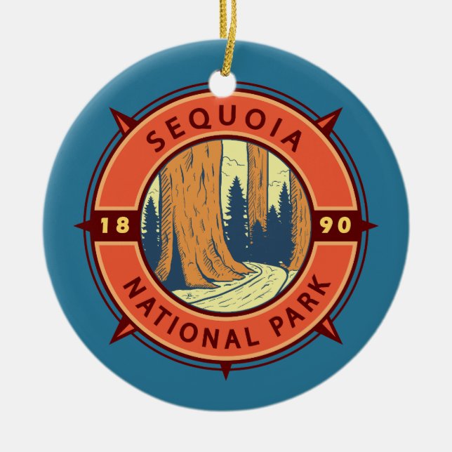 Sequoia Nationalpark Illustration Retro Kompass Keramik Ornament (Vorne)