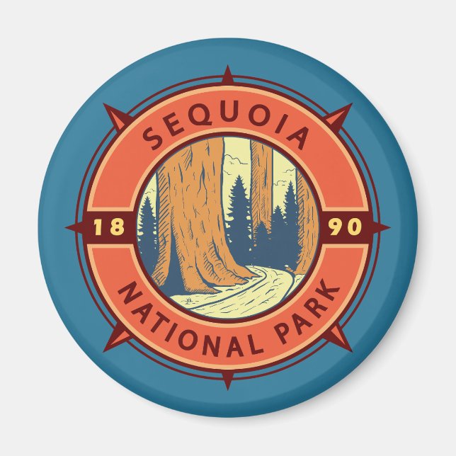 Sequoia Nationalpark Illustration Retro Kompass Magnet (Vorne)