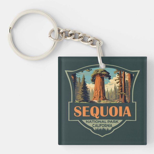 Sequoia Nationalpark Illustration Retro Schlüsselanhänger (Vorderseite)