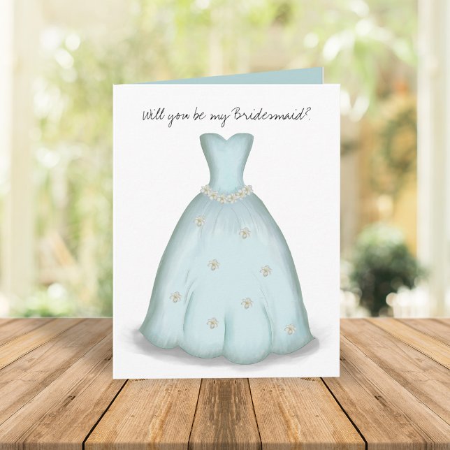 Seras-tu ma carte Bridesmaid Blue Watercolor (Blue watercolor dress "will you be my bridesmaid" custom message proposal card.)