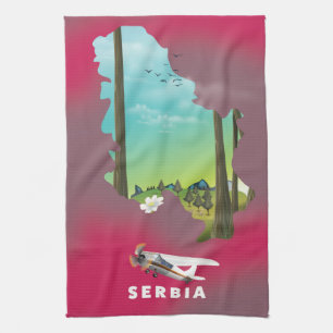 Serbien Illustrierte Reiselandkarte Poster Geschirrtuch