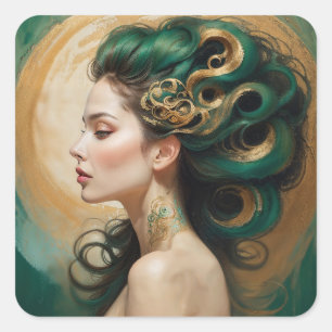 "Serelith" - Curls of Celestial Jade Quadratischer Aufkleber