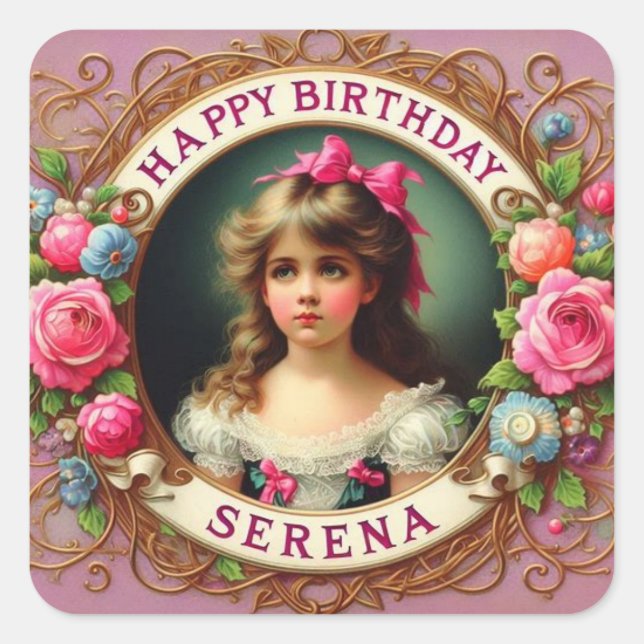 SERENA ~ HAPPY BIRTHDAY ~ Vintages Mädchen ~ Quadratischer Aufkleber (Vorderseite)