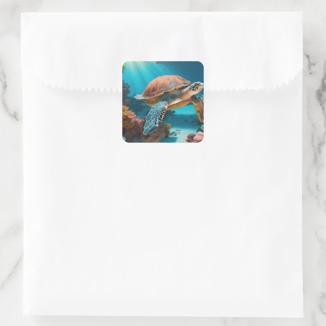 Serene 3D Sea Turtle im Ozean Tranquiles Meeresleb Quadratischer Aufkleber (Tasche)