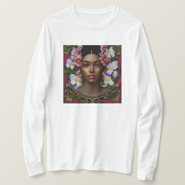 Serene afroamerikanische Frau mit Blume T-Shirt (Design vorne)