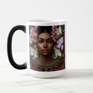 Serene afroamerikanische Frau mit Blume Verwandlungstasse