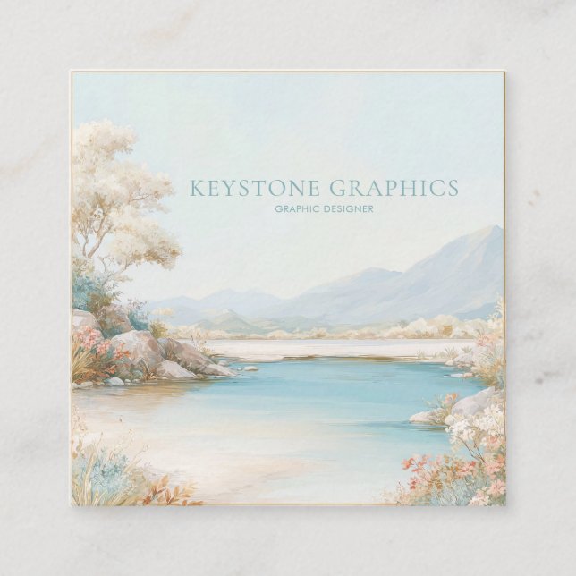 Serene Aqua Lakeside Gold Frame Romantic Floral Quadratische Visitenkarte (Vorderseite)