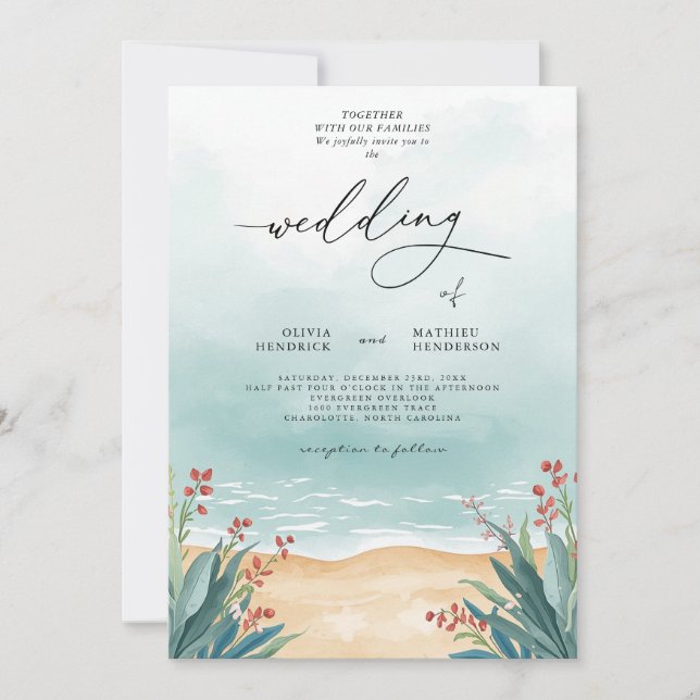 Serene Aquamarin Beach Floral Wedding Einladung (Vorderseite)