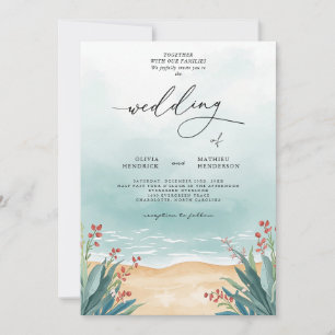 Serene Aquamarin Beach Floral Wedding Einladung