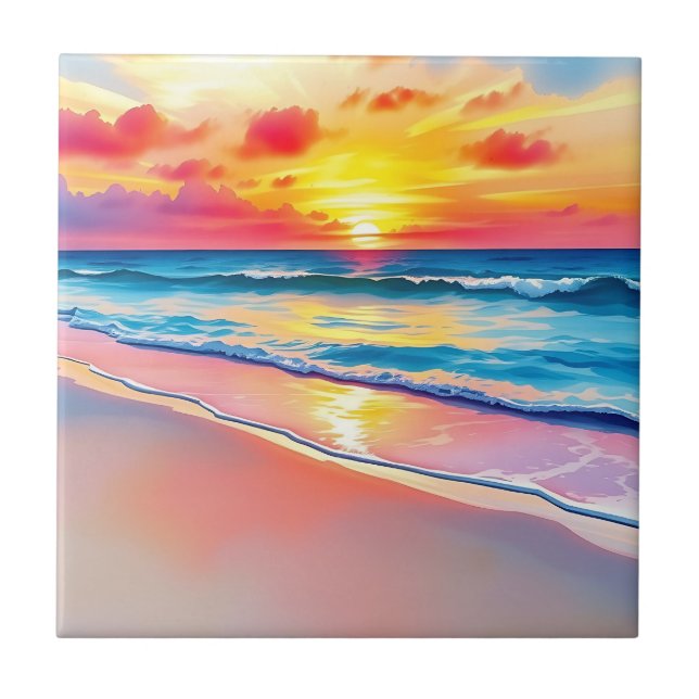 Serene Beach Sunset mit lebhaften Reflektionen Fliese (Vorderseite)