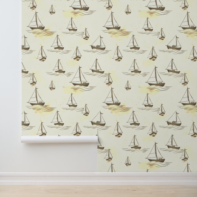 Serene Beige Segelboote auf Sea Pattern Tapete (Anwendung)
