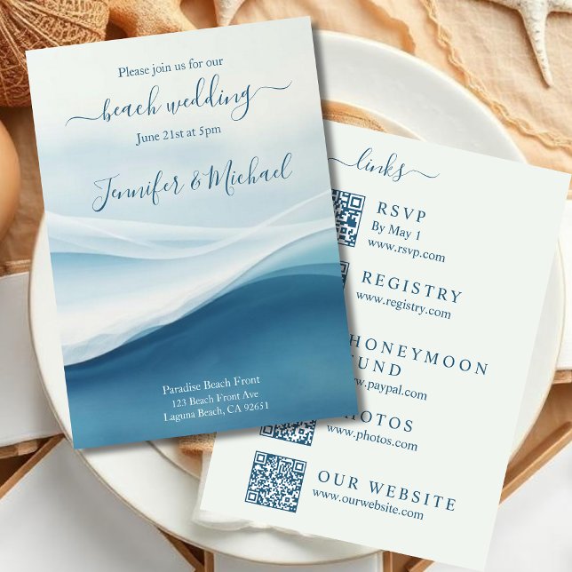 Serene Blue Abstract Beach Wedding-All In One Einladung (Serene Blue Abstract Beach Wedding Invitation All In One)