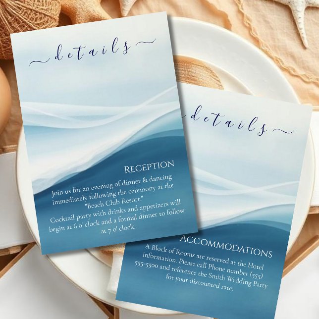 Serene Blue Abstract Beach Wedding Details Begleitkarte (Serene Blue Abstract Beach Wedding Details Enclosure Card )