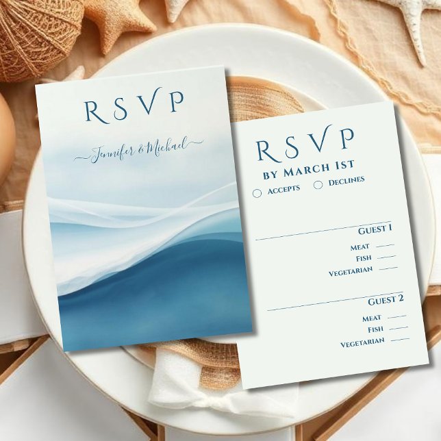 Serene Blue Beach Wedding Meal options RSVP Karte (Serene Blue Abstract Beach Wedding Meal options RSVP Card )