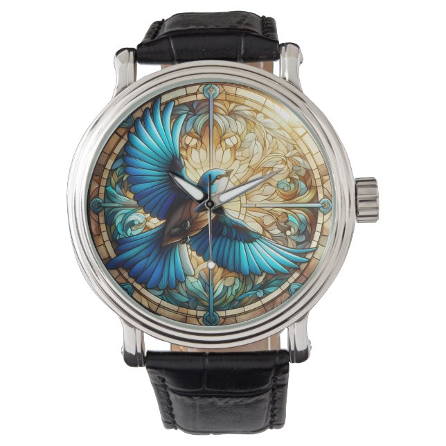 Serene Blue Bird auf festem Glas Armbanduhr (Vorderseite)