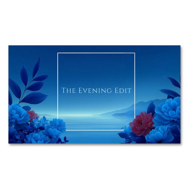 Serene Blue Floral Seascape Pink Accent Magnetische Visitenkarte (Vorderseite)