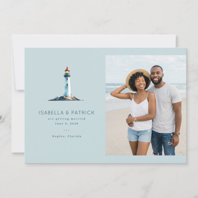 Serene Blue Leuchtturm Strand Save The Date (Vorderseite)