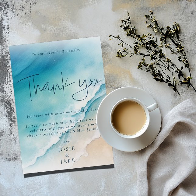 Serene Blue Ocean Beach Hochzeit Vielen Dank Karte (Wedding "Thank you" card with message and a golden sandy beach and blue ocean background)