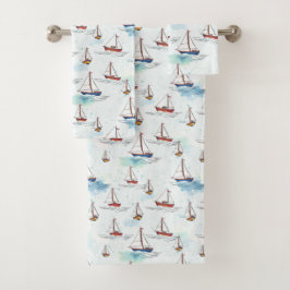 Serene Blue Red Sailing Boote auf Sea Pattern Badhandtuch Set