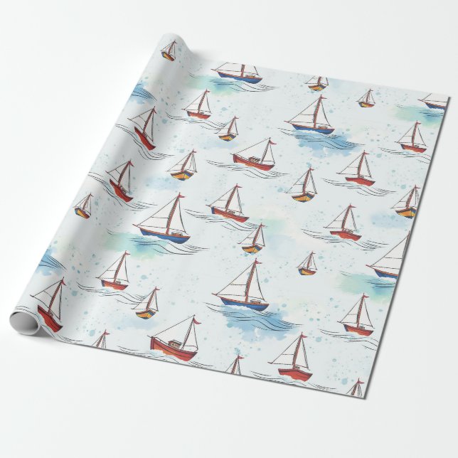 Serene Blue Red Sailing Boote auf Sea Pattern Geschenkpapier (Ungerollt)