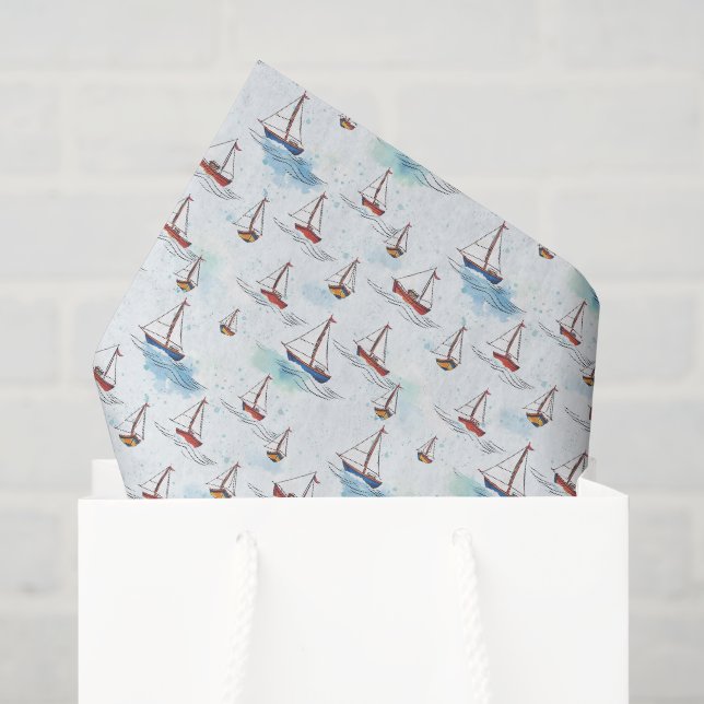 Serene Blue Red Sailing Boote auf Sea Pattern Seidenpapier (Geschenktüte)