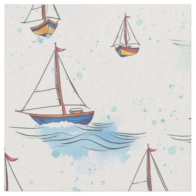 Serene Blue Red Sailing Boote auf Sea Pattern Stoff (Nahaufnahme)